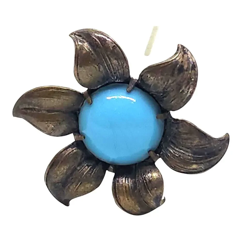 Vintage Long Stem Flower Stick Pin Turquoise Blue Cabochon Hat Lapel Floral